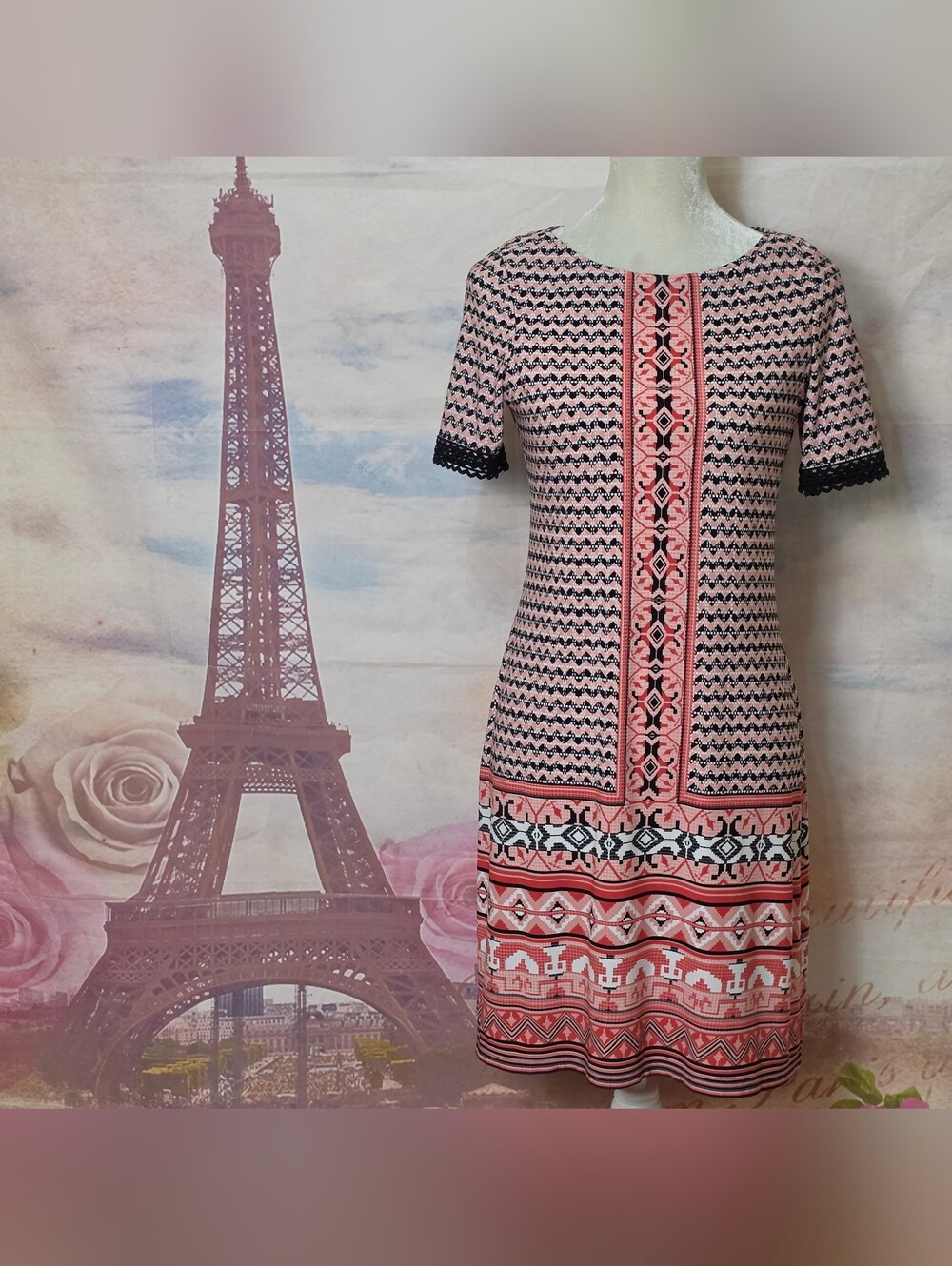 Wisp Pink Patterned Short Sleeve Shift Dress Petite Sz 4P